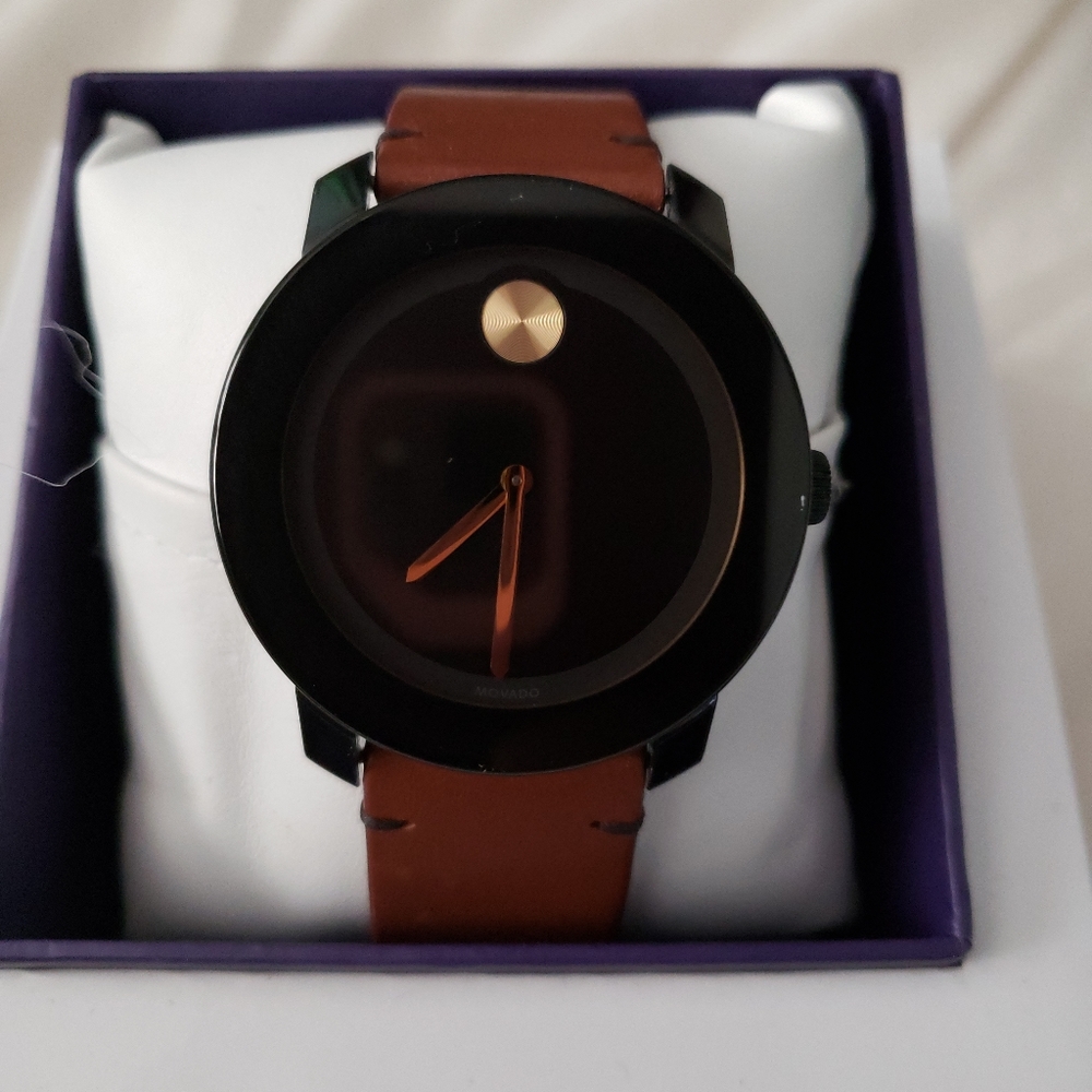 Movado Bold Unisex Watch brown leather band.